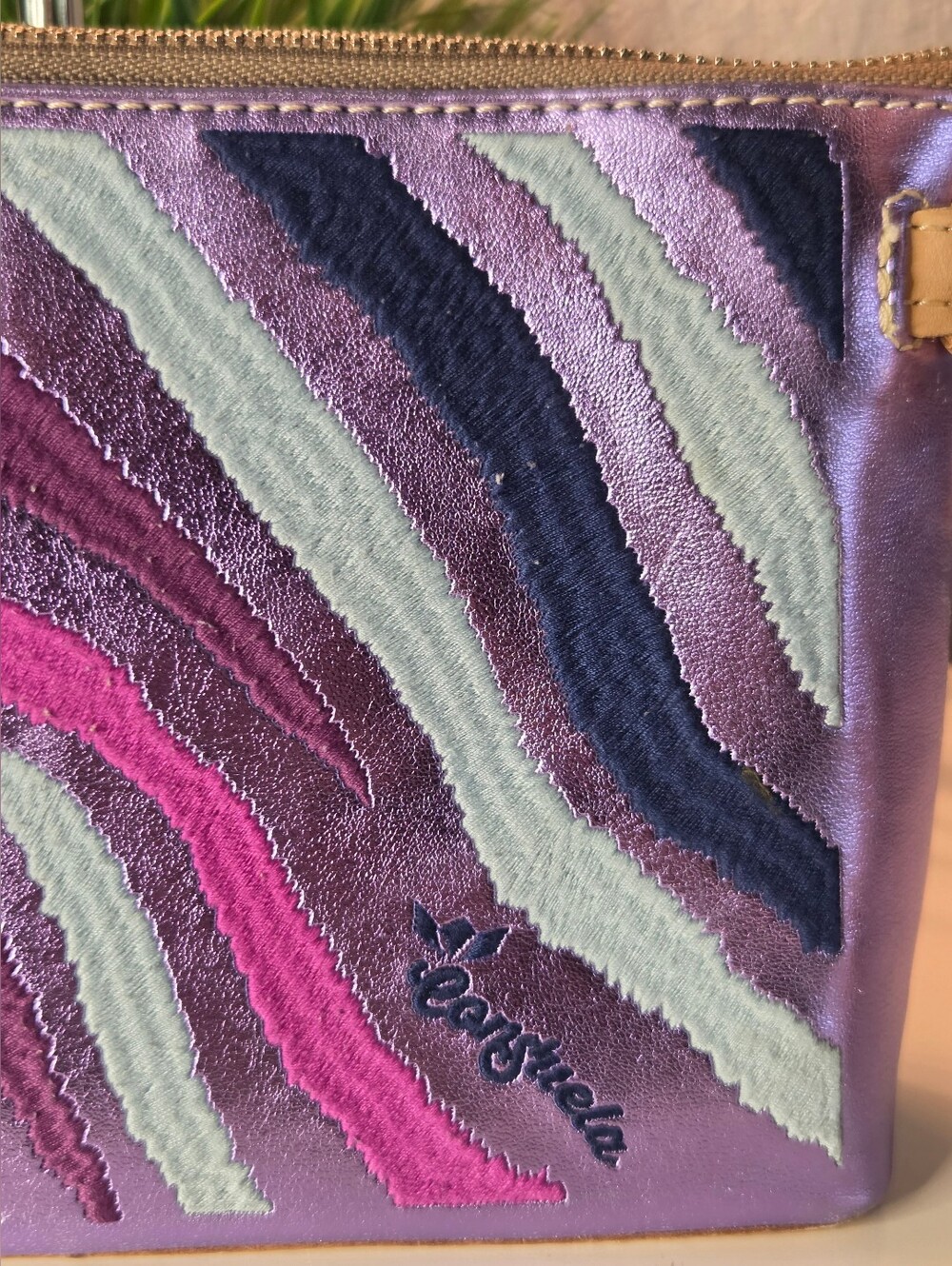 SOLD***Consuela Val Midtown Crossbody Purple Metallic Zebra Embroidered - Picture 2 of 16